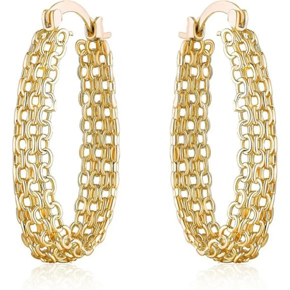 Women 18K Gold Plated Link Mesh Braided Filigree Hoop Earrings (Gold)